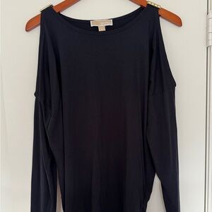 MICHAEL KORS Blue Gold Pyramid Stud Cold Shoulder Long Sleeve Blouse Top M FLAW